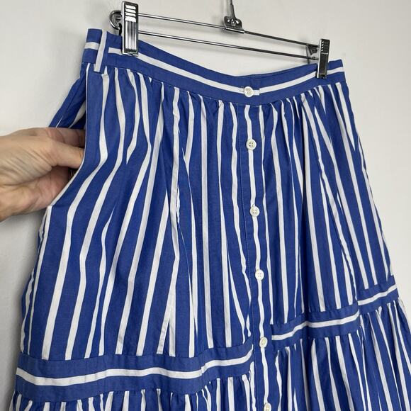 MISSING BELT - J. CREW Womens Size 4 Button Front Striped Midi Skirt Blue Preppy - Picture 2 of 9